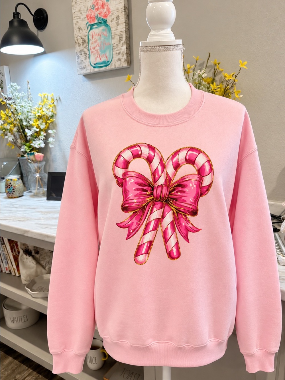 Gildan Fleece inside Pink Candy Cane Bow Graphic Sweatshirt Crewneck | Christmas